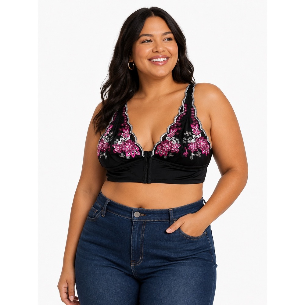 Pure Beauty by Rene Rofe Black Pink Floral Embroidered Longline Bralette 2X